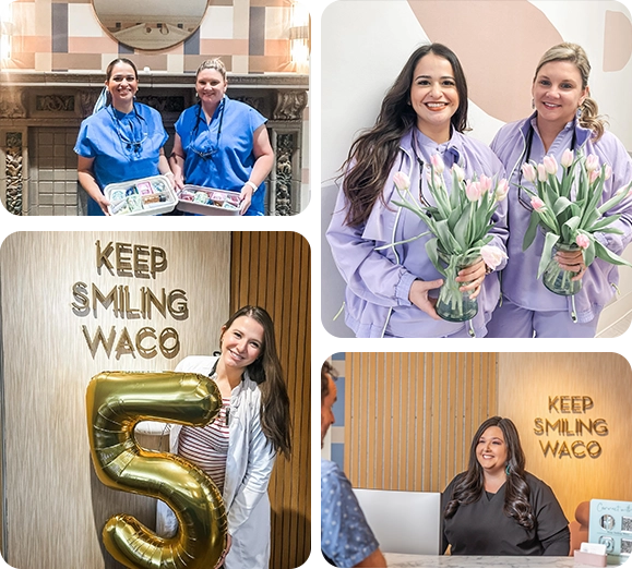 Collage of the Keep Smiling Waco team and office